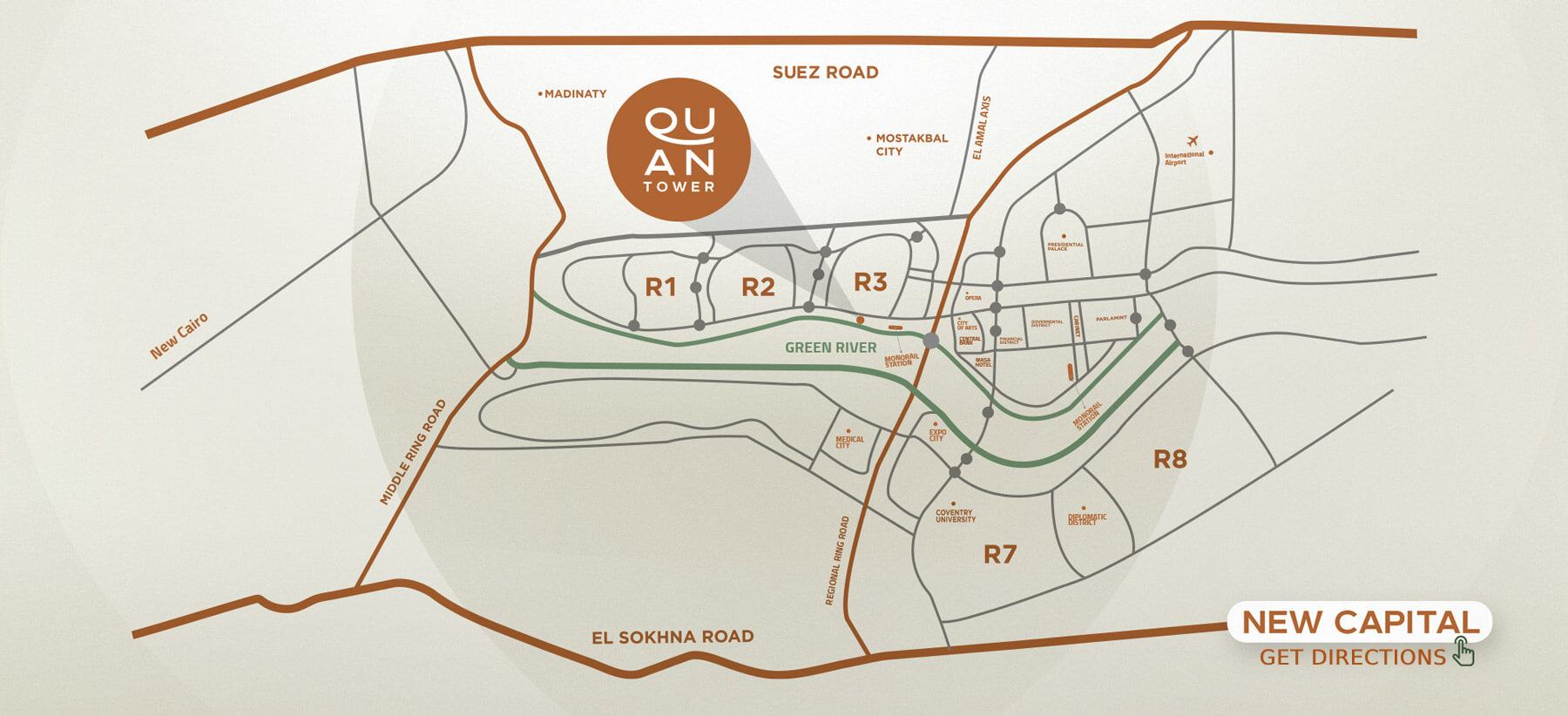 موقع مشروع برج كوان في العاصمة الإدارية بالخريطة